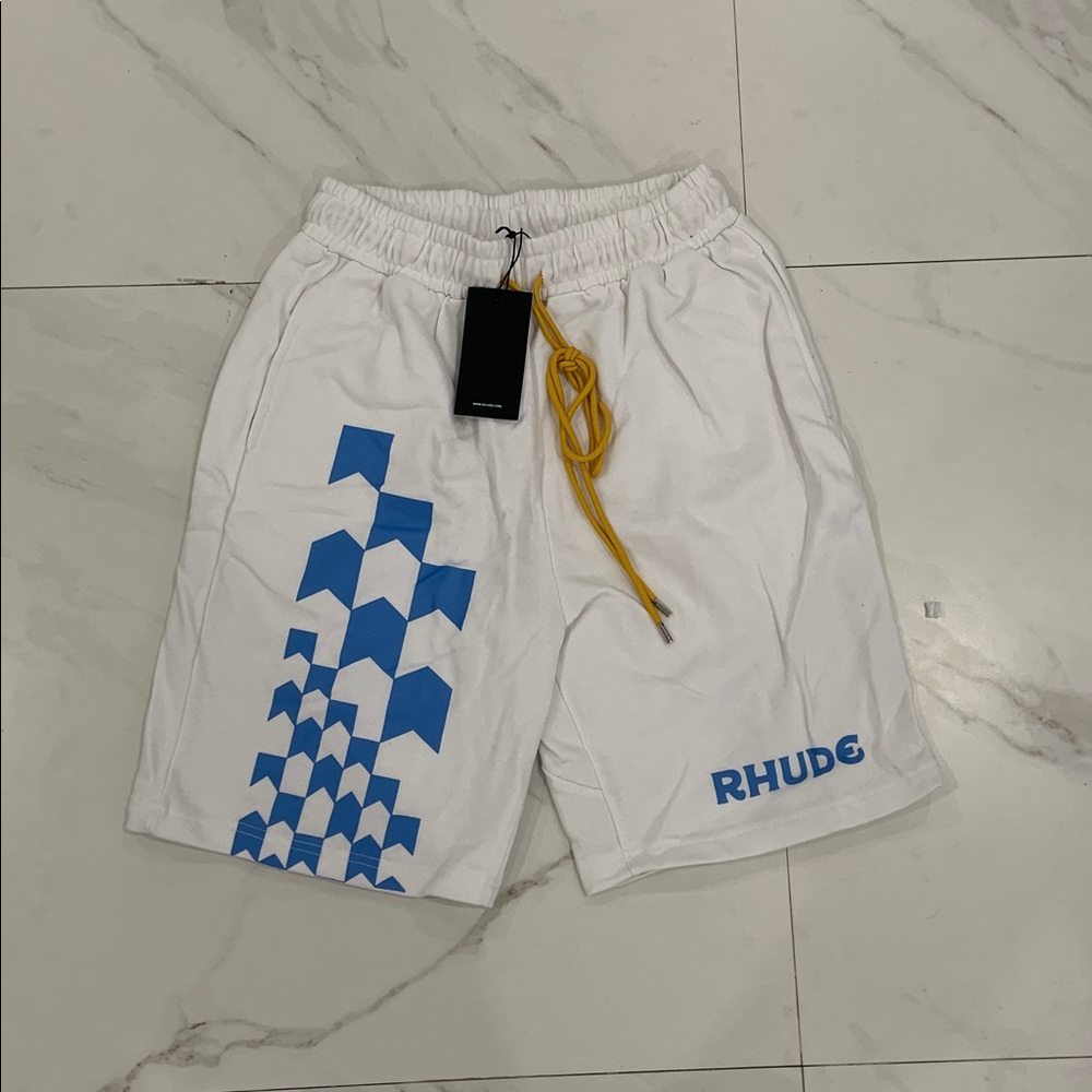Rhude White Shorts Blue Checkered Logo Men’s Size Large